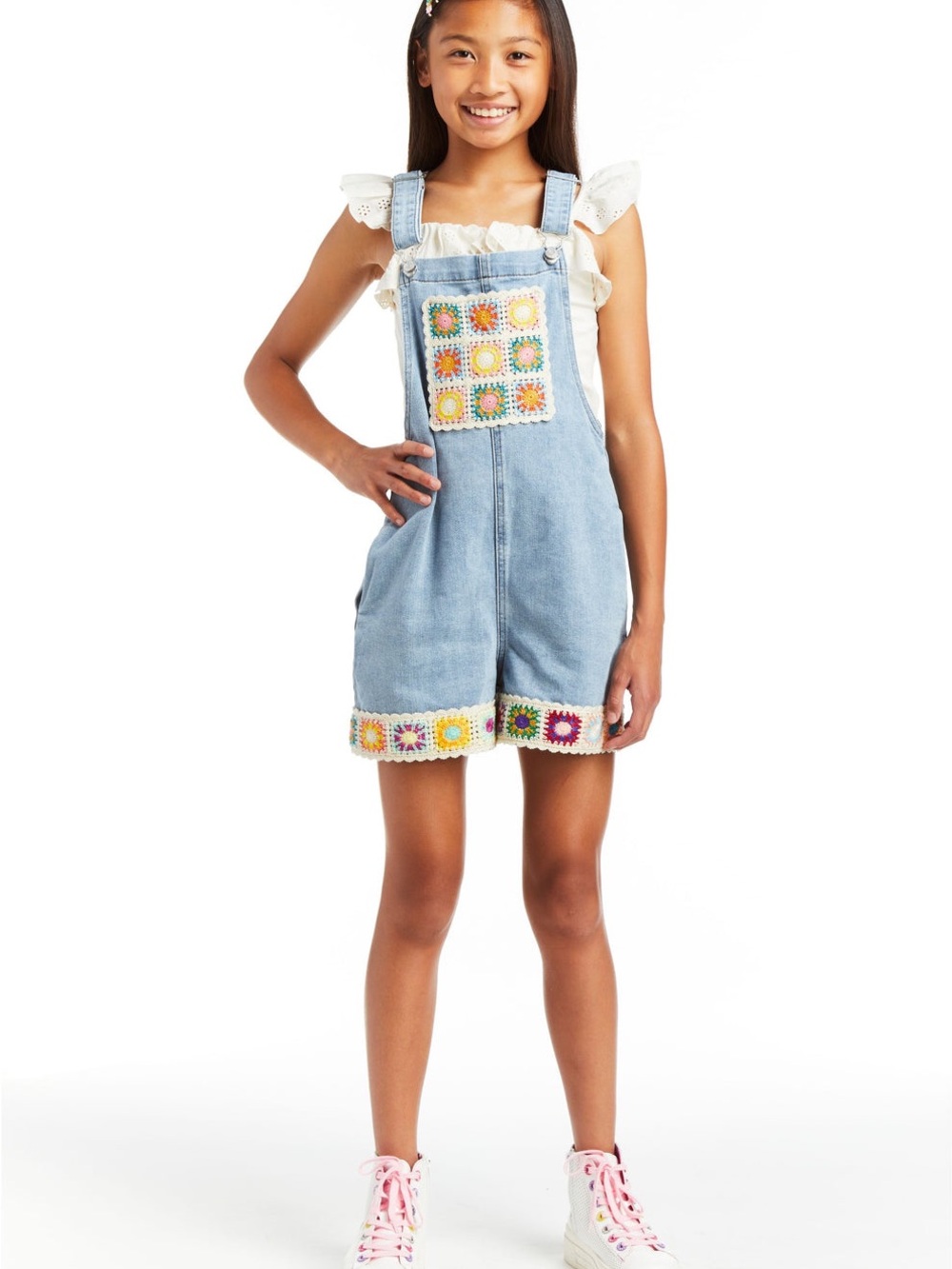 Tractr Light Blue Denim Shortalls with Multicolor Crochet Accents NWT!